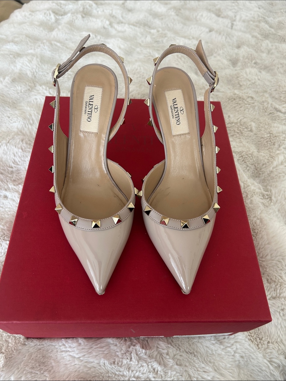 Valentino Nude Patent Rockstud Pointed Slingback Pumps